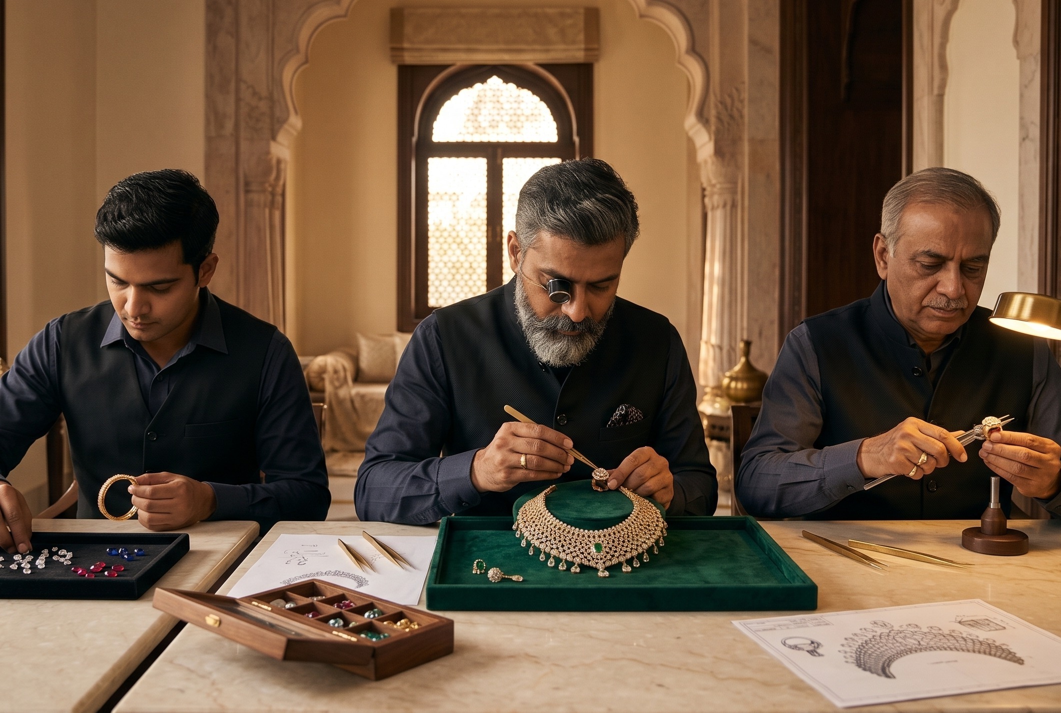 Indian master jewellers crafting fine gold and gemstone jewellery in a luxury atelier, representing craftsmanship and manufacturing strength.