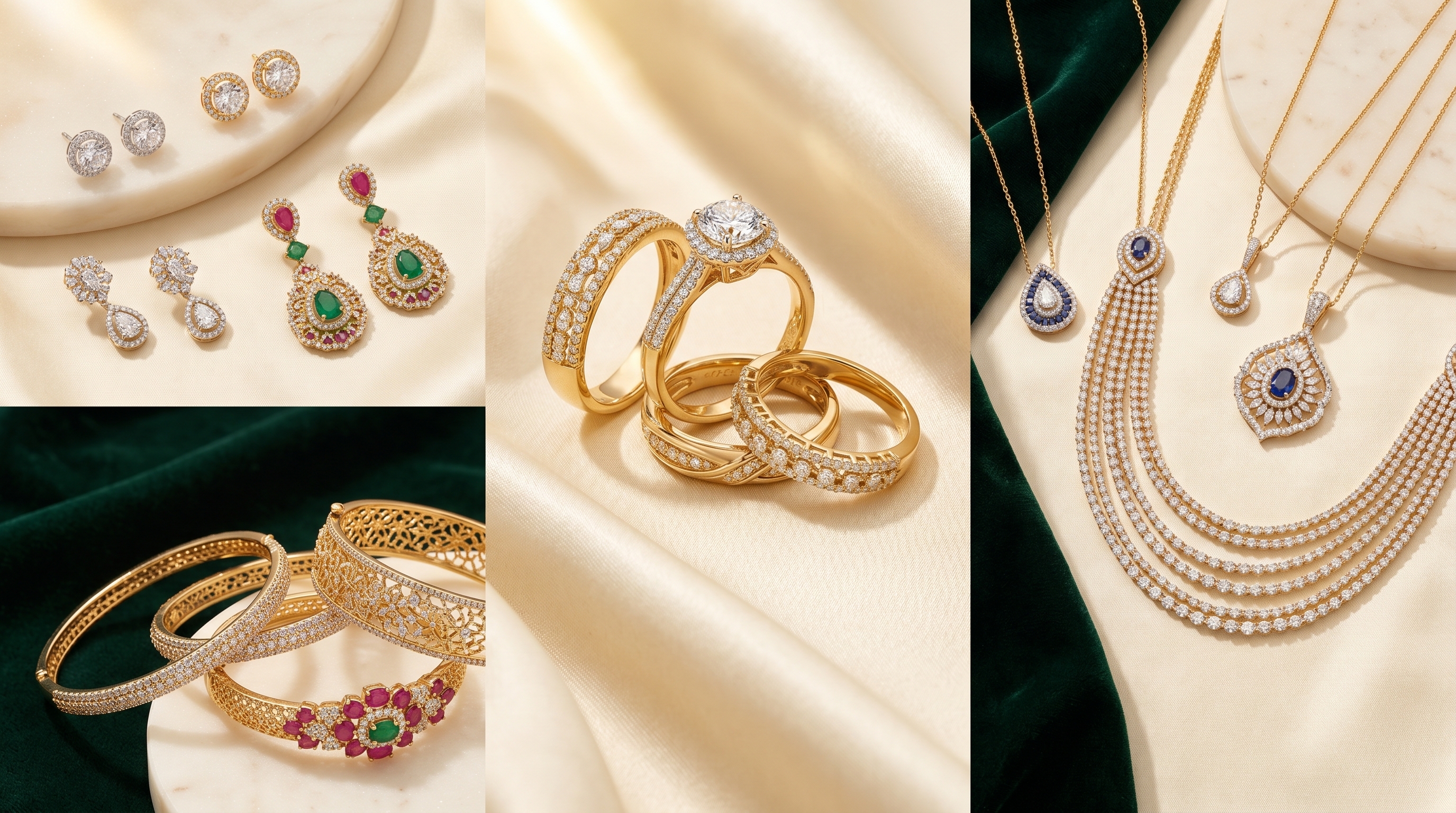 Gold and gemstone jewellery with bangles, pendants and earrings