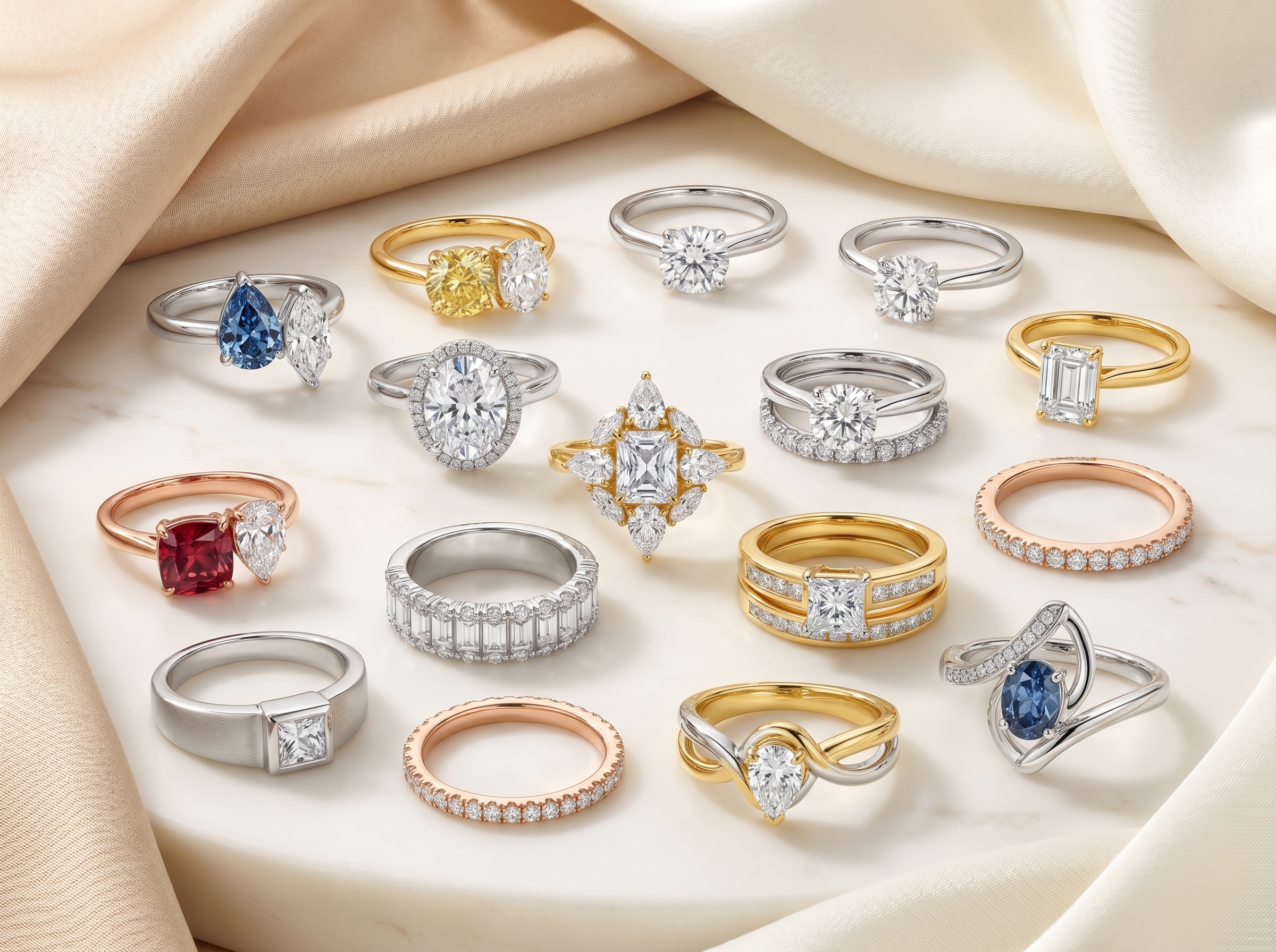 Assorted diamond and gemstone rings displayed on cream fabric