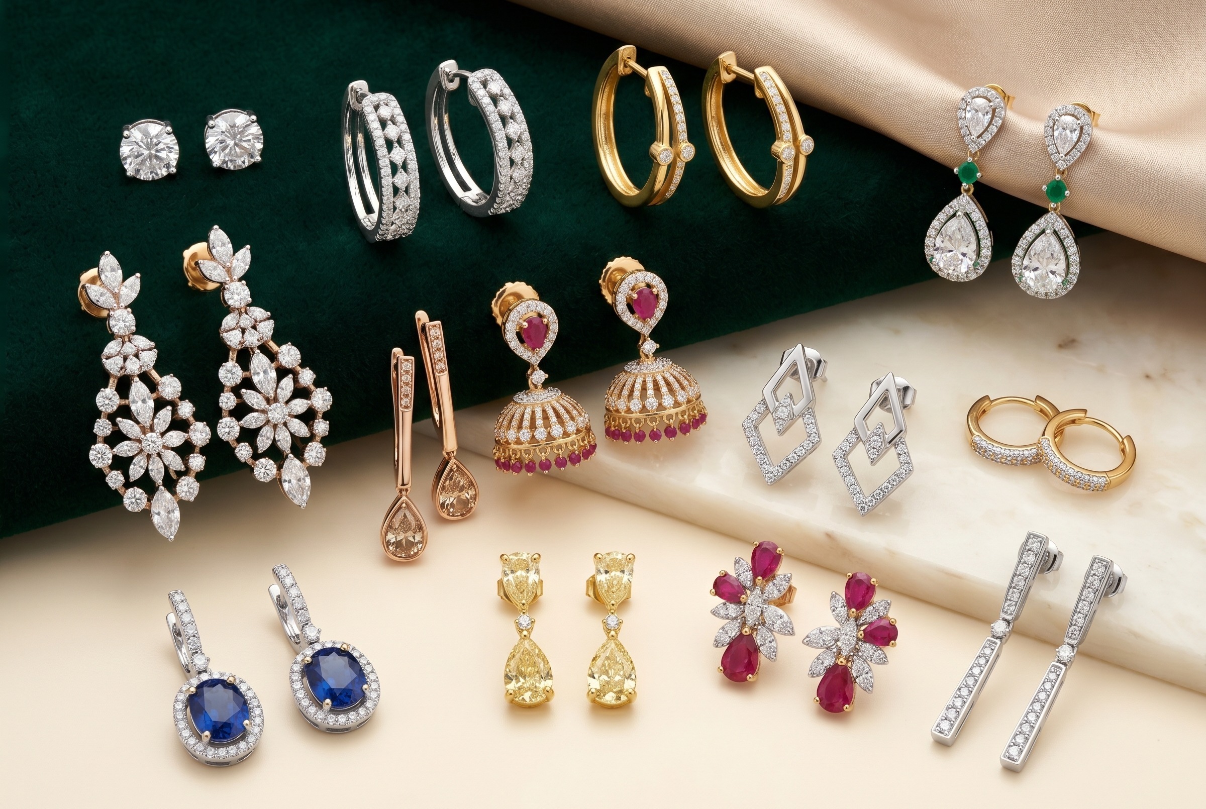 Premium earrings collection with diamond studs, hoops, drops, gemstone earrings, bridal earrings, and everyday luxury jewellery styles.