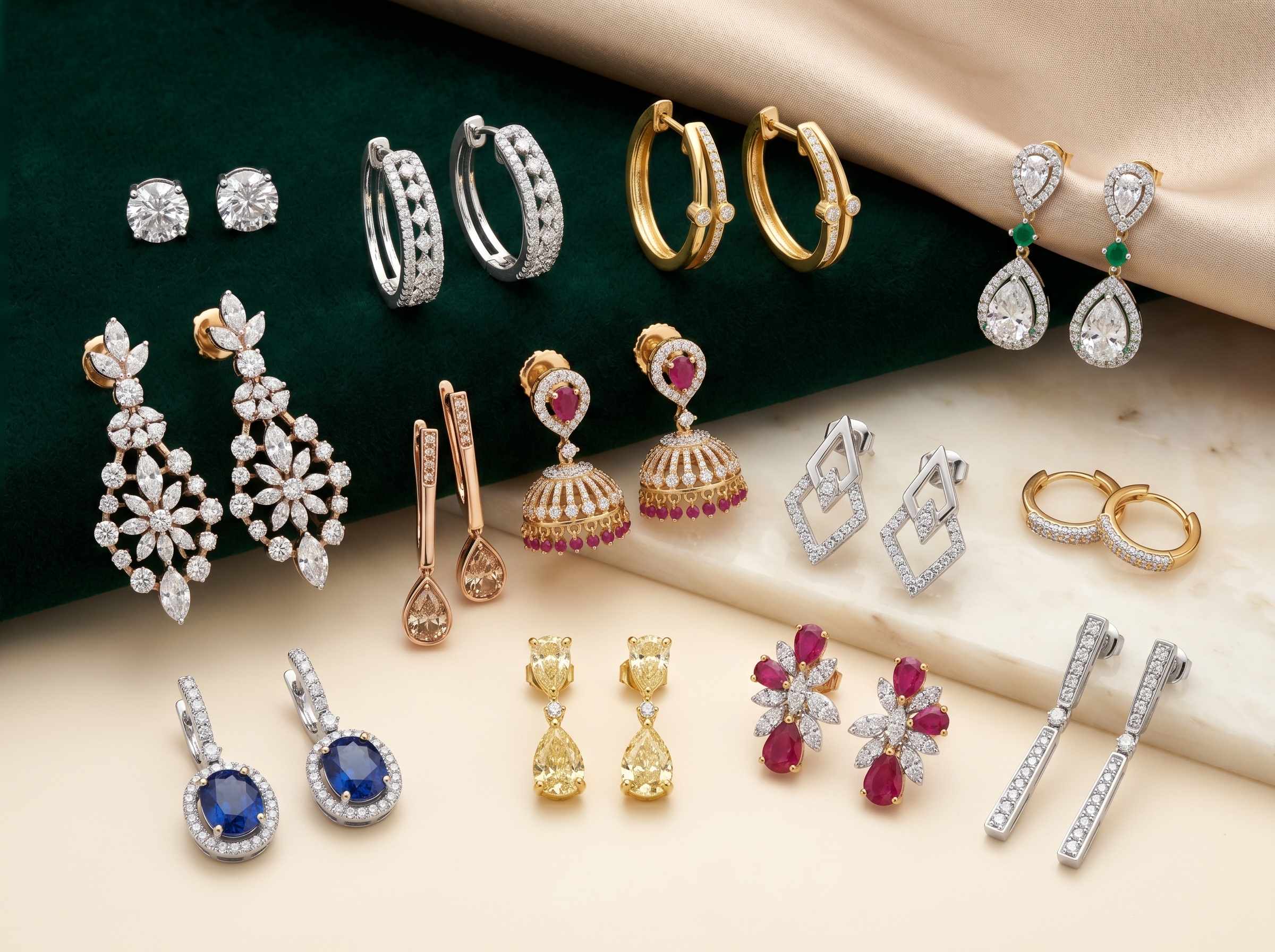 Mixed earrings and pendants arranged for a jewellery collection