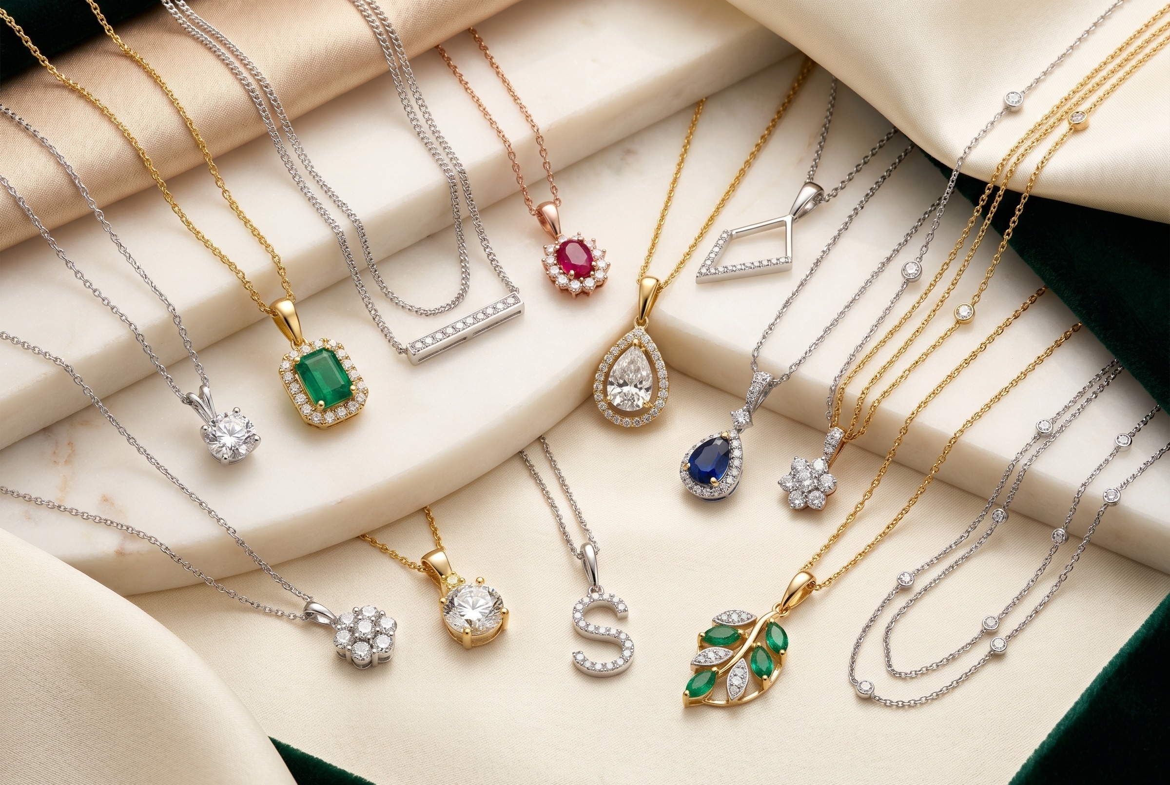 Fine jewellery pendants and chains with gold necklaces, diamond pendants, gemstone accents, and layered necklace styles for retail buyers.