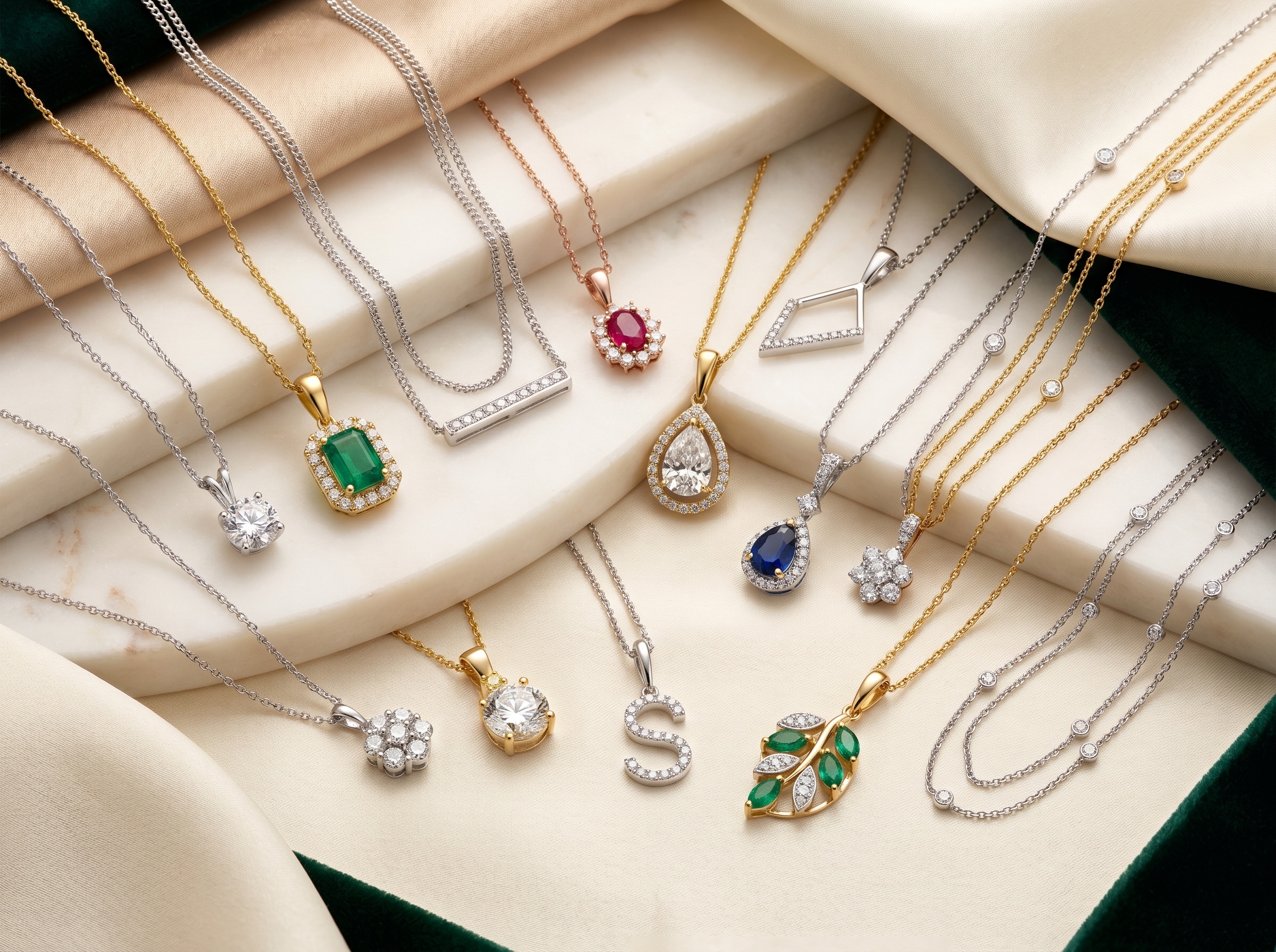 Diamond and gemstone necklaces displayed on cream fabric