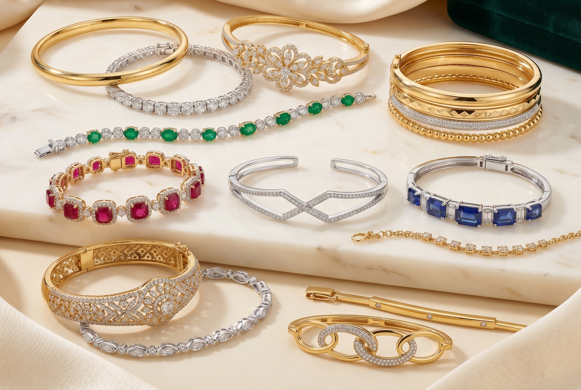 Luxury bracelets and bangles collection with gold bangles, diamond bracelets, gemstone wrist jewellery, and stackable fine jewellery styles.