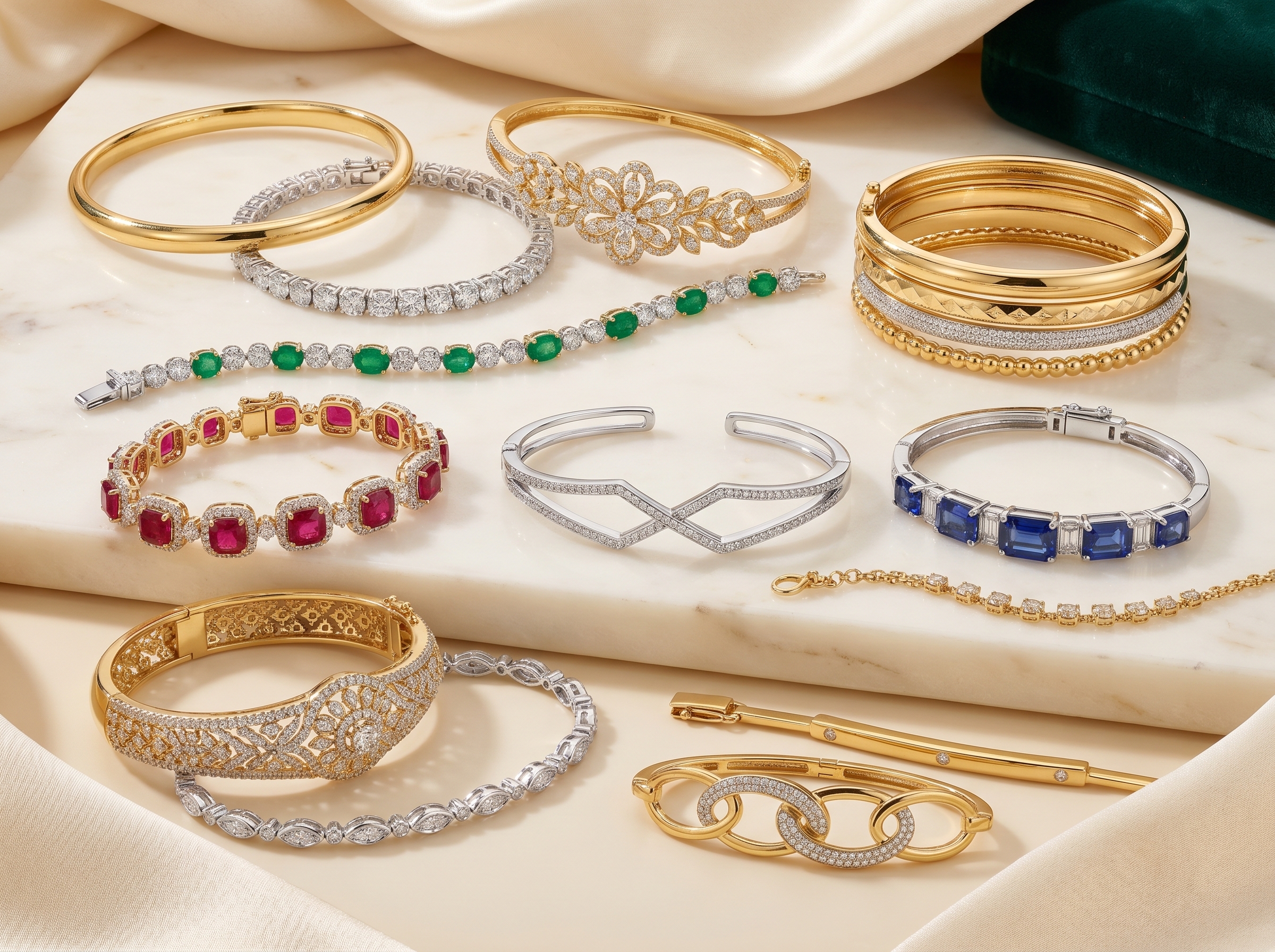 Gold and gemstone bracelets displayed on cream fabric