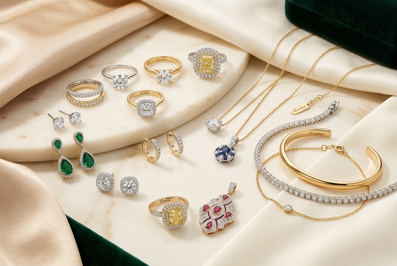 Luxury fine jewellery collection featuring rings, pendants, chains, earrings, bracelets, and gemstone pieces for retail jewellery partners.
