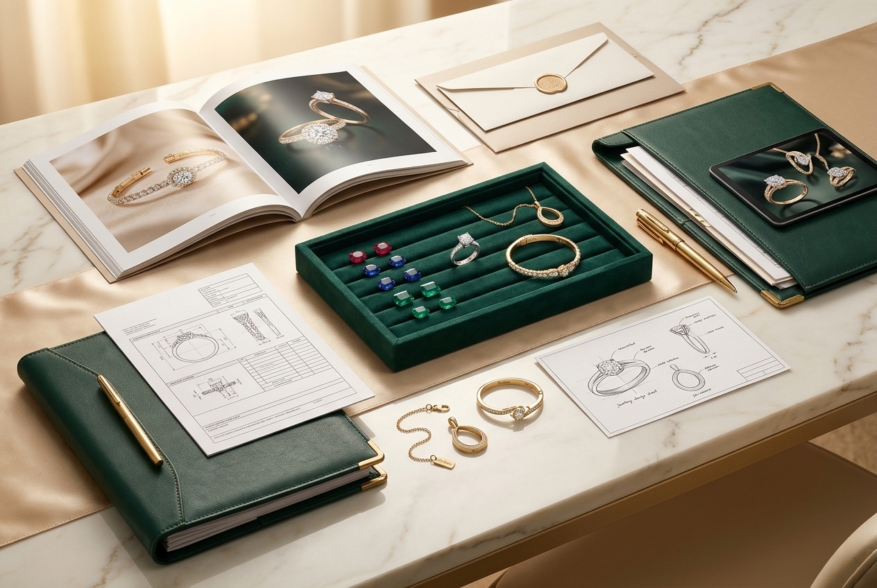 Premium jewellery wholesale process scene with catalogue, CAD documents, gemstone samples, and fine jewellery on a luxury business desk.