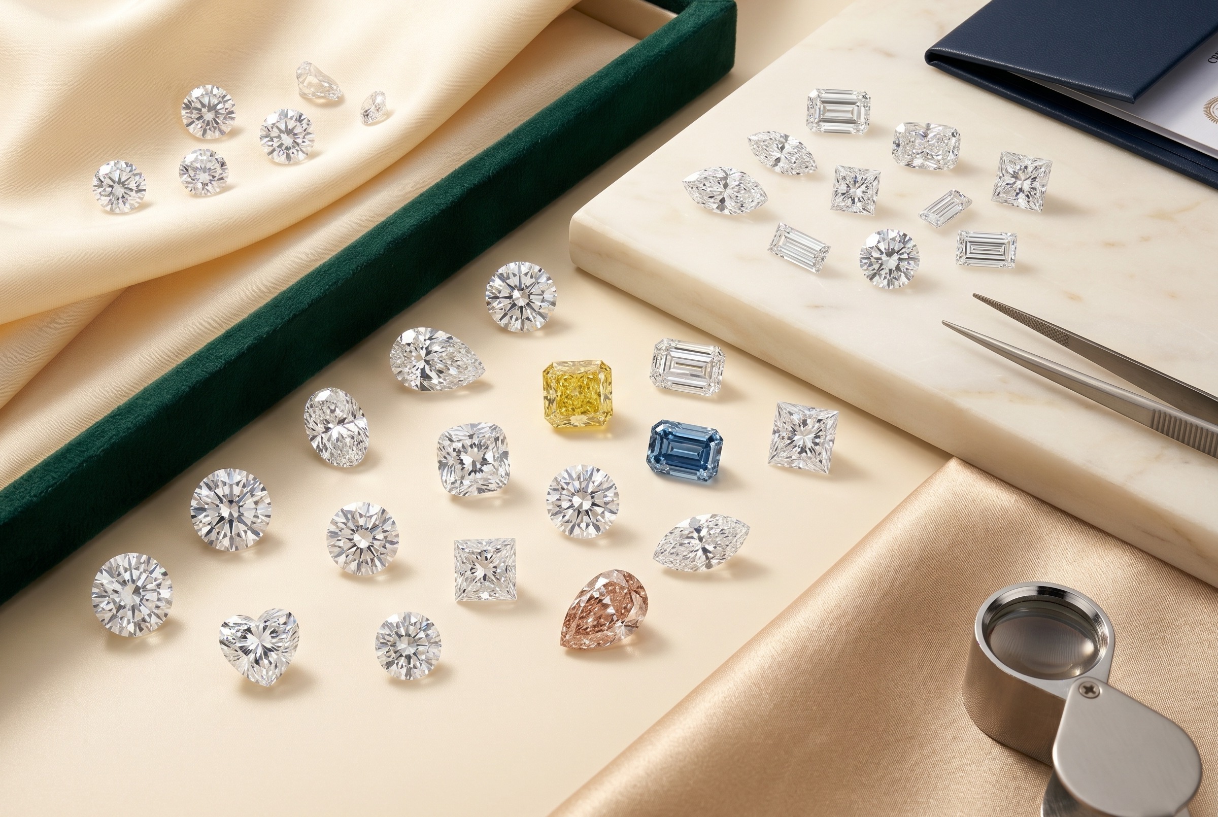 Polished loose diamonds in multiple cuts with natural, GIA-certified, and lab-grown CVD diamond options for wholesale jewellery buyers.