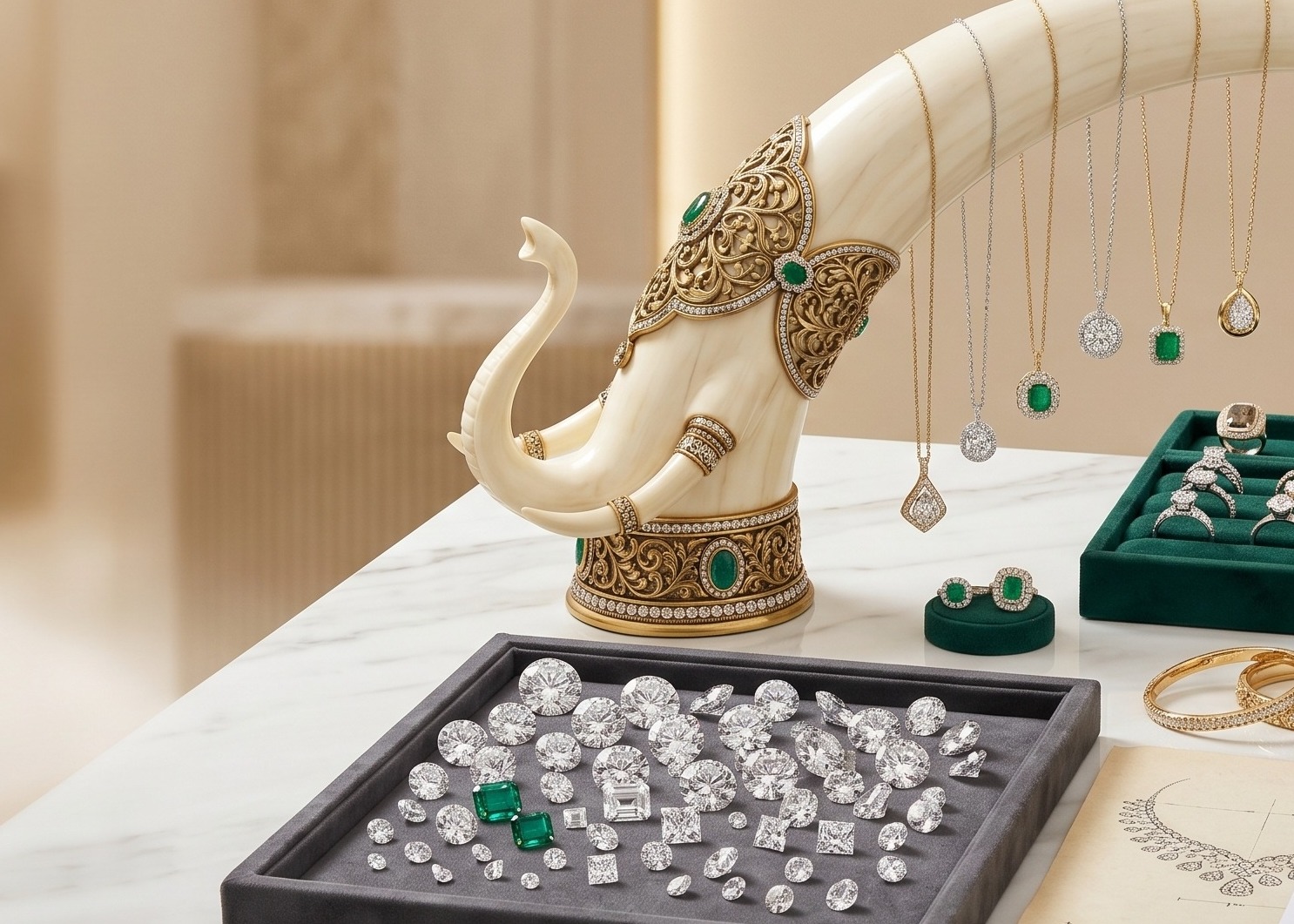 Diamond and emerald jewellery displayed beside a decorative elephant