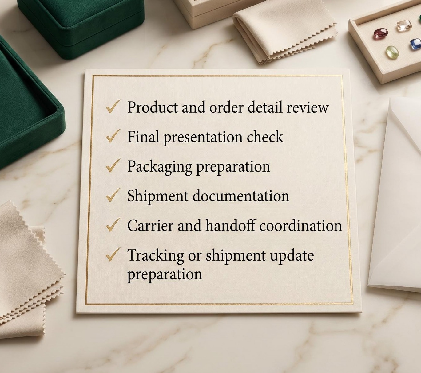 Wholesale jewellery shipment checklist covering order review, packaging, documentation, carrier handoff and tracking
