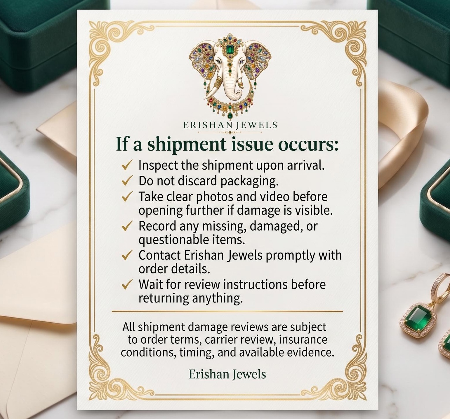 Erishan Jewels shipment issue instructions for damaged or incomplete jewellery orders