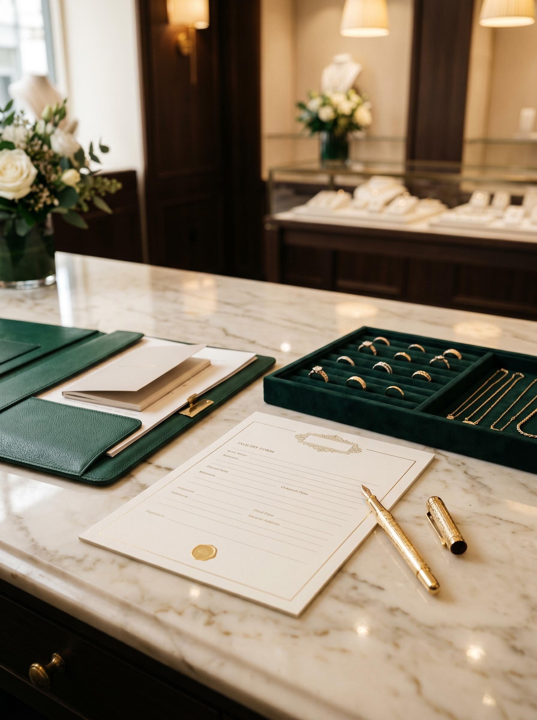 Wholesale jewellery documents and sample tray on a marble desk