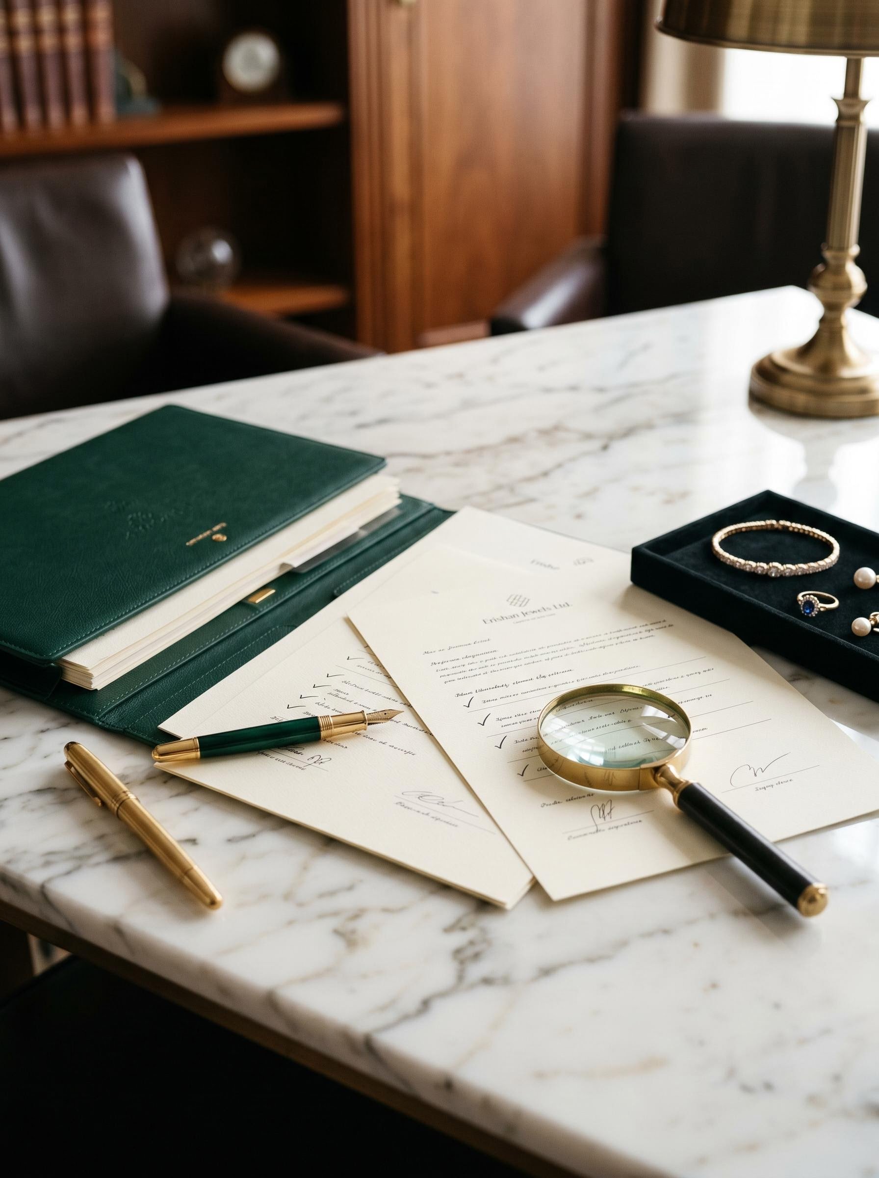 Jewellery review materials with notebook and business tools
