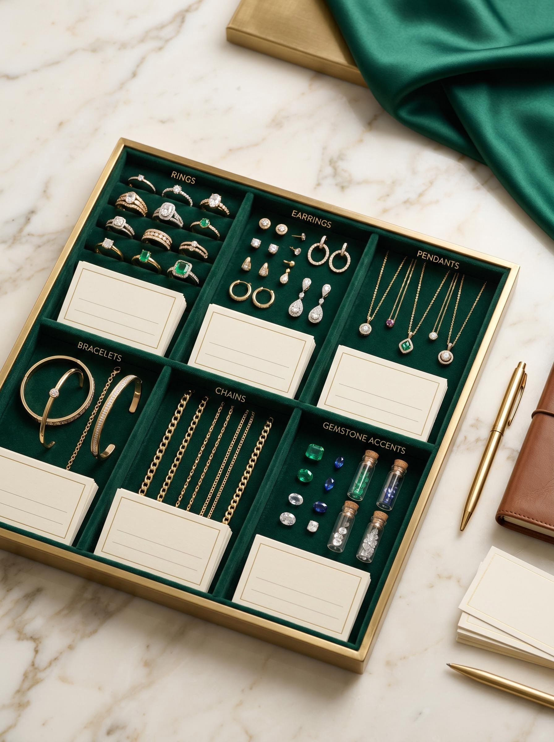Organized jewellery sample trays prepared for wholesale review