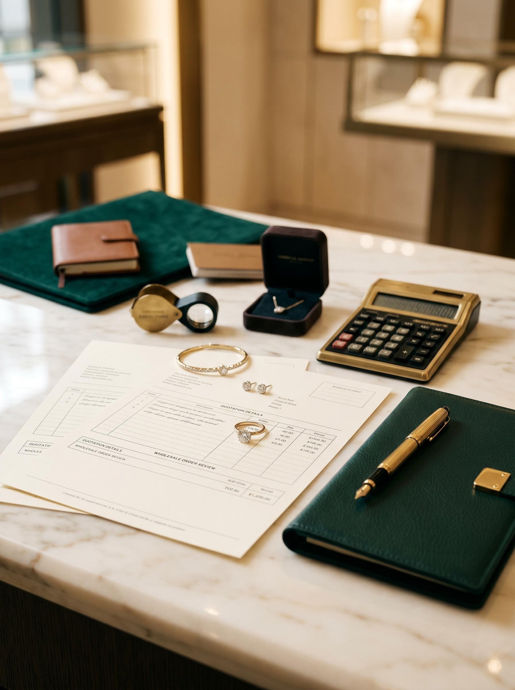 Retail jewellery order review workspace with tools and paperwork