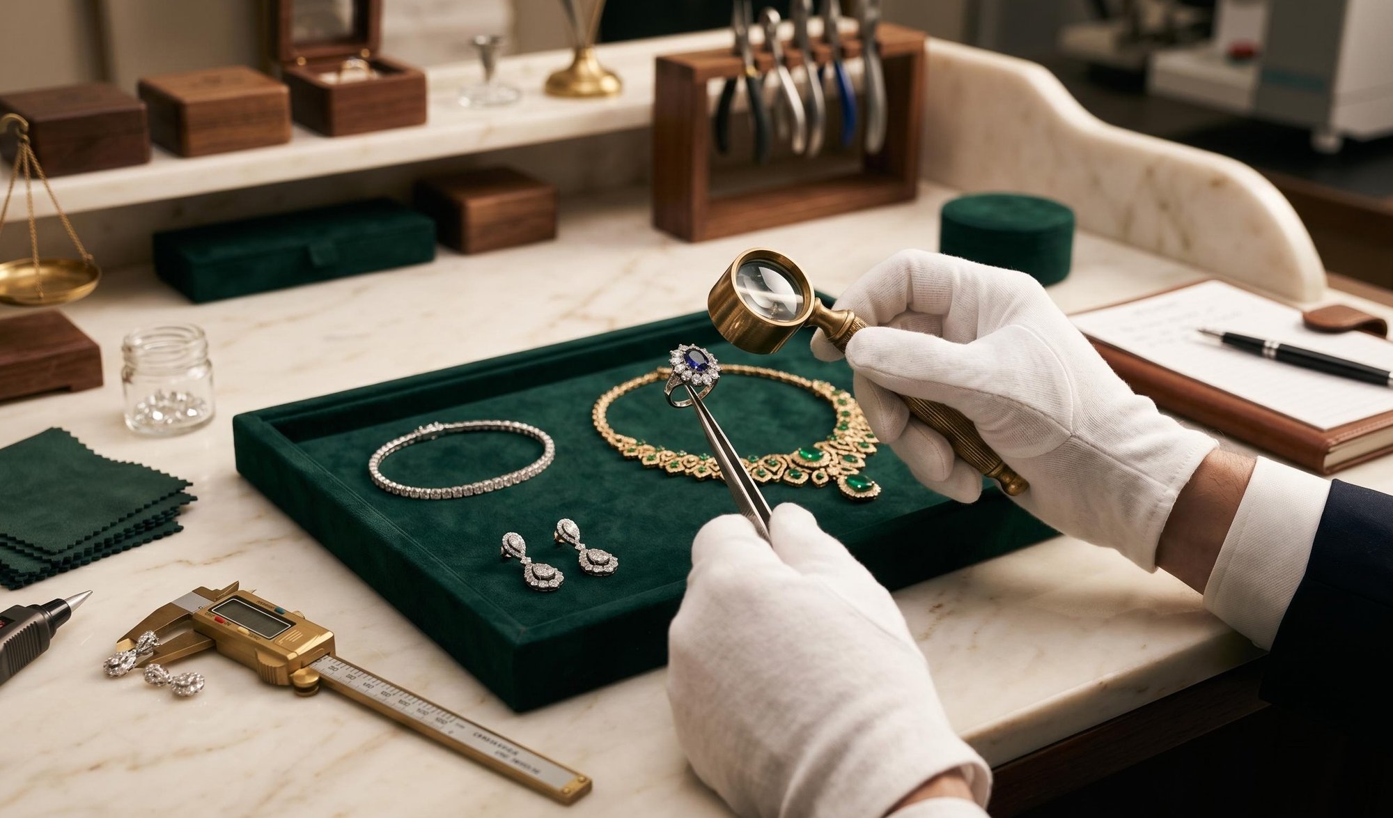 Jewellery quality review with gloved hands examining a bracelet and rings
